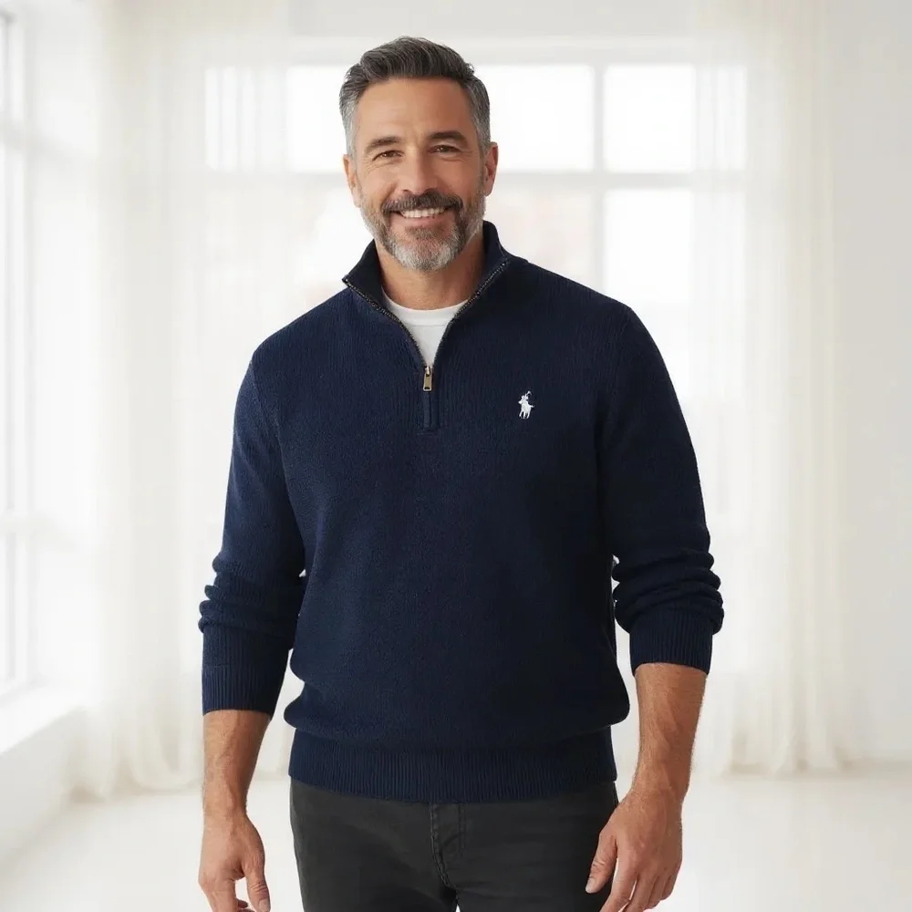 POLO RALPH LAUREN XXL Washed Navy Blue Mesh Knit 1/4 Quarter Zip R $138